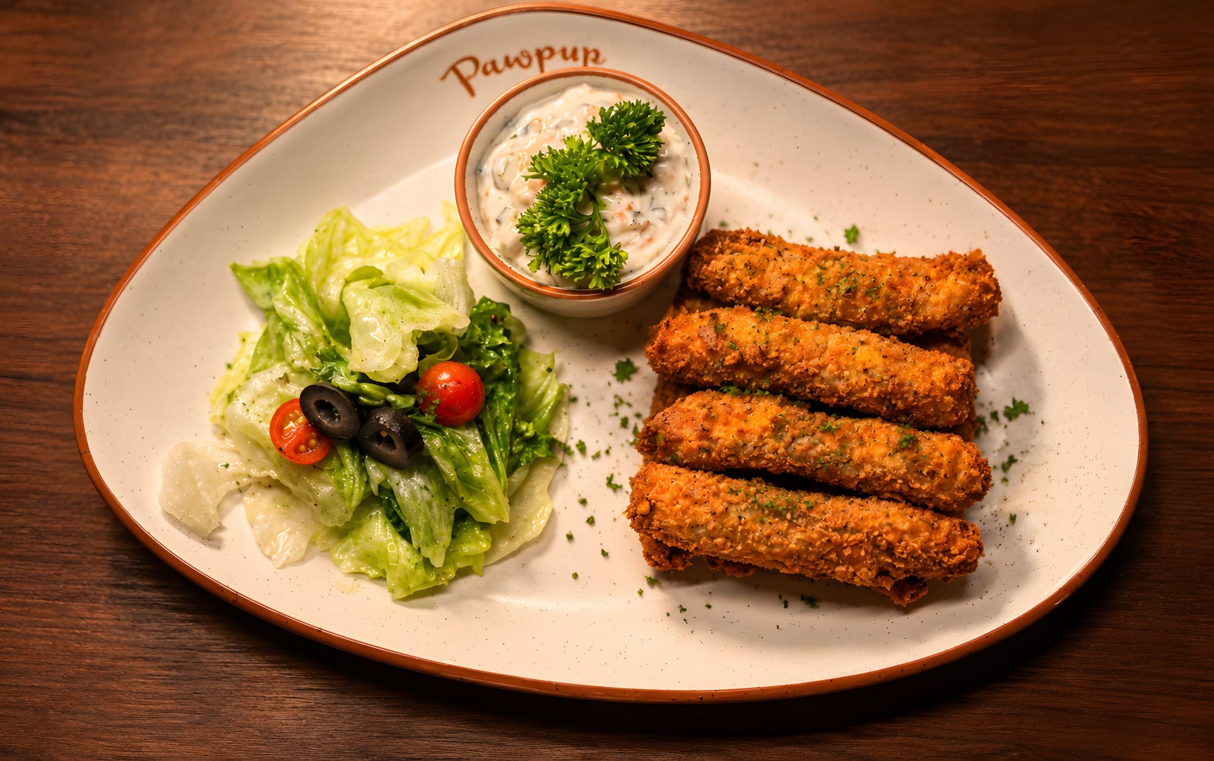 Crispy golden rolls with a garden salad and dip on a Pawpup plate