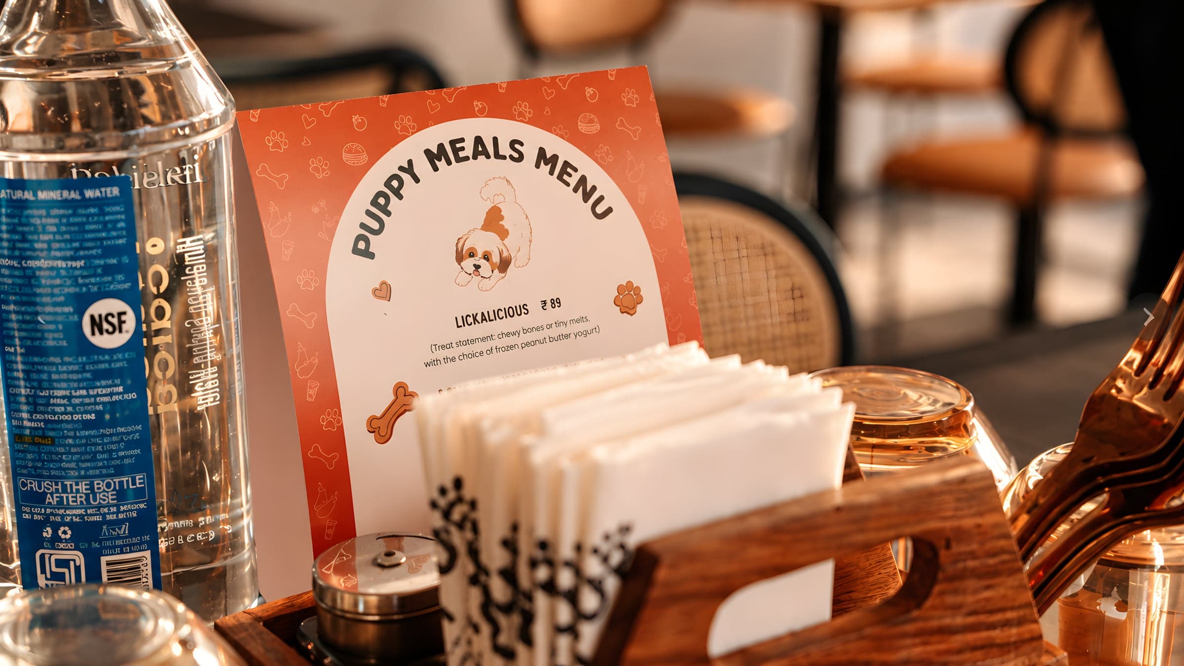 The Puppy Meals Menu card on a café table