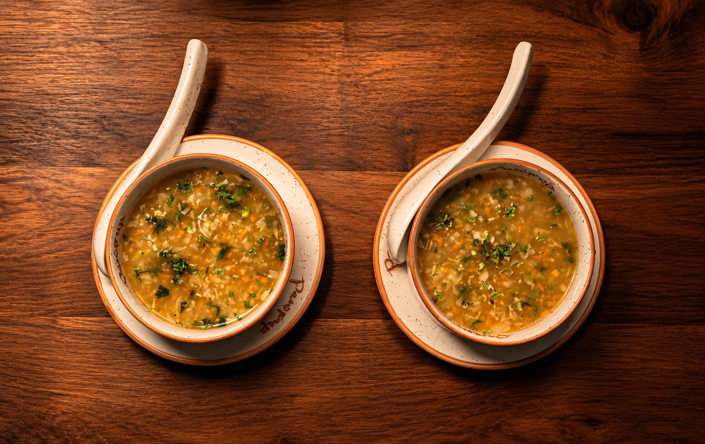 Two bowls of soup on a wooden table